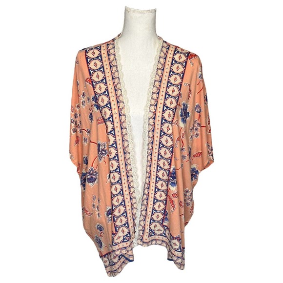 Angie Kimono Womens M Boho Floral Print Open Cardigan Lace Trim Dolman Peach - Picture 4 of 10